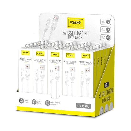 Cabo Foneng X88 3A Pacote Combo 12 Micro+12 Tipo-c+6 Lightning 1M Branco Cabo Foneng X88 3A Pacote Combo 12 Micro+12 Tipo-c+6 Lightning 1M Branco
